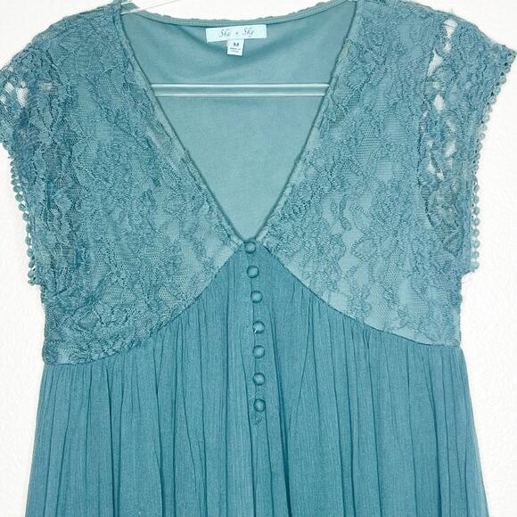 SHE & SKY Lace Mini Dress V-Neck Button Front Cap Sleeve Teal Blue Size Medium - Picture 4 of 10